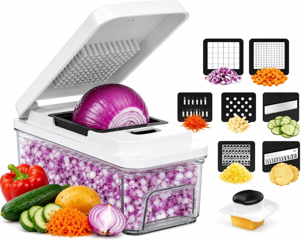 Food Chopper with Container, Veggie Chopper and Vegetable Chopper with 7 Stainless Steel Blades, Onion Chopper Dicer Cutter for Potato, Carrot, Garlic, Cubumber, Salad Meal Prep