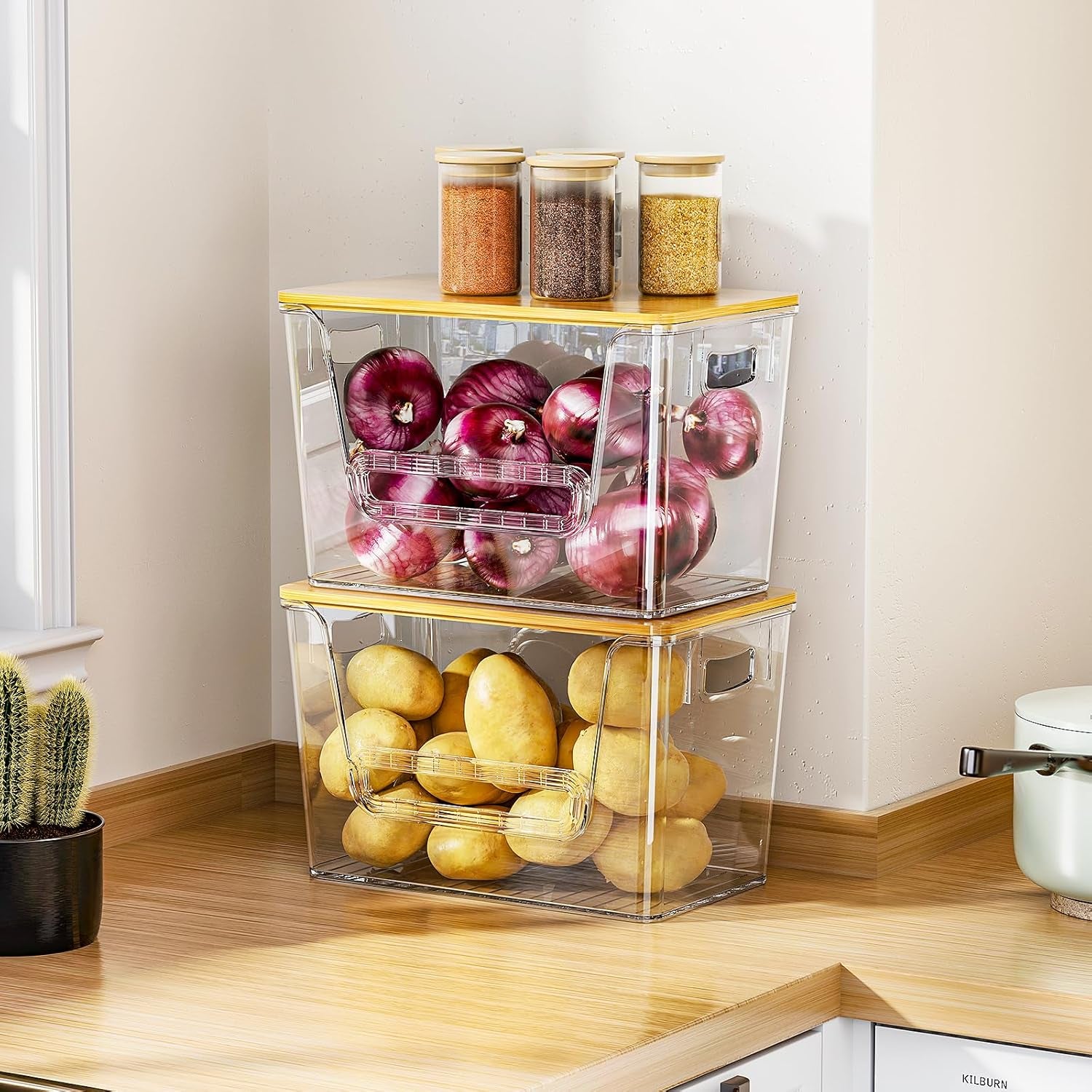 2 Set Pantry Organizers and Storage, Trash Bag Holder under Sink Organizer for 4-13 Gal Bags, Trash Bag Dispenser with Bamboo Top for Onion, Potato, Garlic, Clear (11-7/32"L*7" W*7-1/8"H)