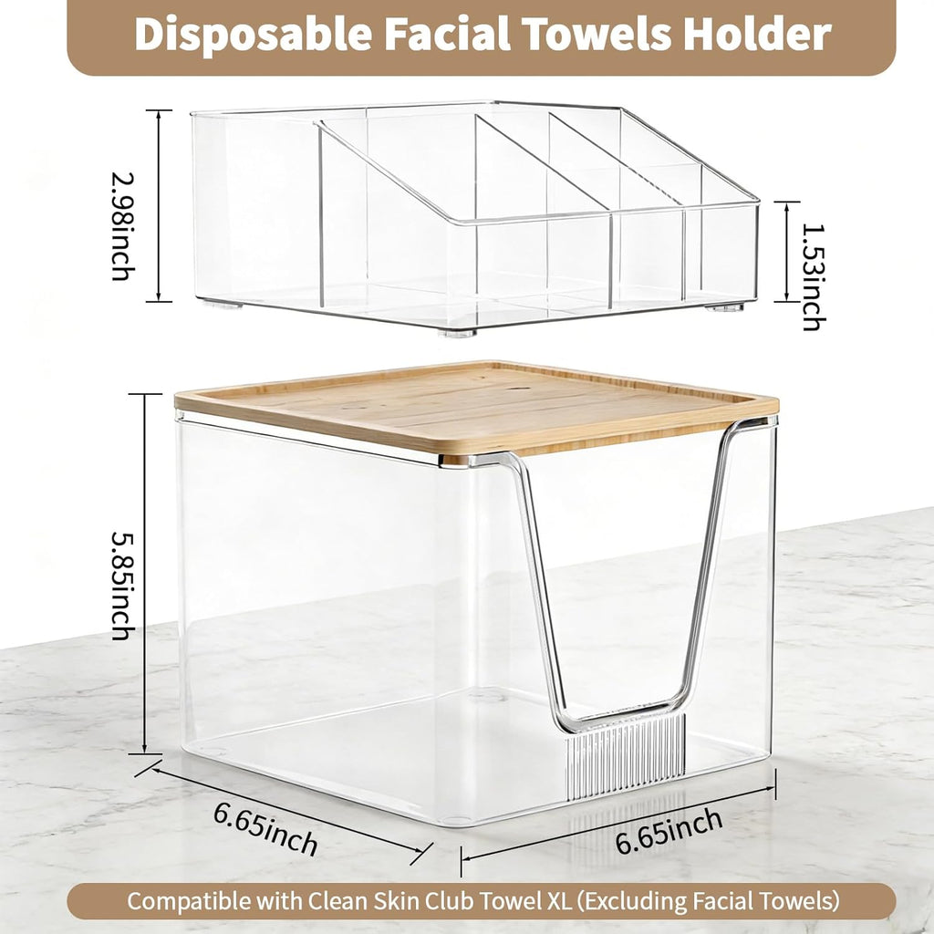 2 in 1 Disposable Facial Towel Holder and Cosmetic Organizer, Clear Storage with Bamboo Lid Compatible with Clean Skin Club Towel XL, Stackable Vanity Organizer for Bathroom Vanity Counter (1 Pack)