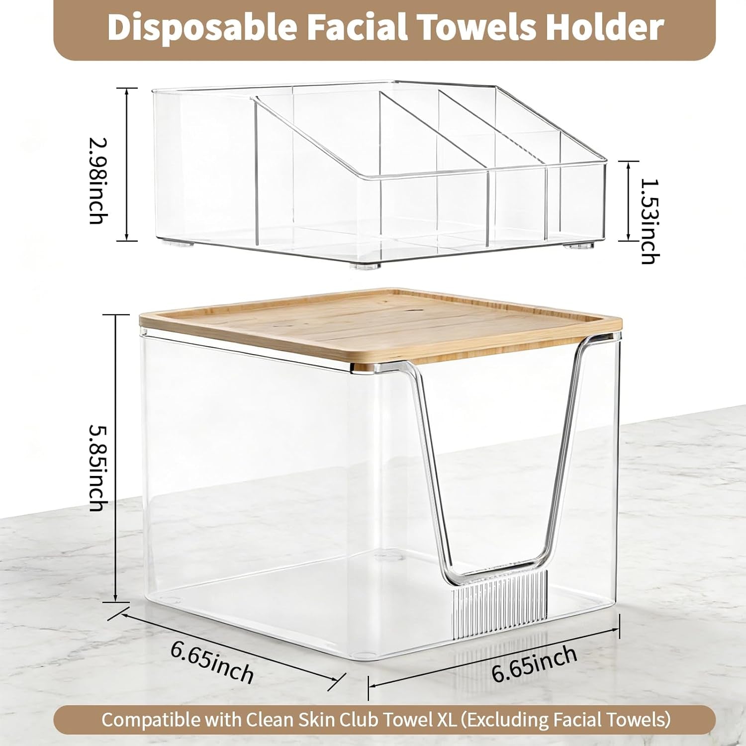 2 in 1 Disposable Facial Towel Holder and Cosmetic Organizer, Clear Storage with Bamboo Lid Compatible with Clean Skin Club Towel XL, Stackable Vanity Organizer for Bathroom Vanity Counter (1 Pack)