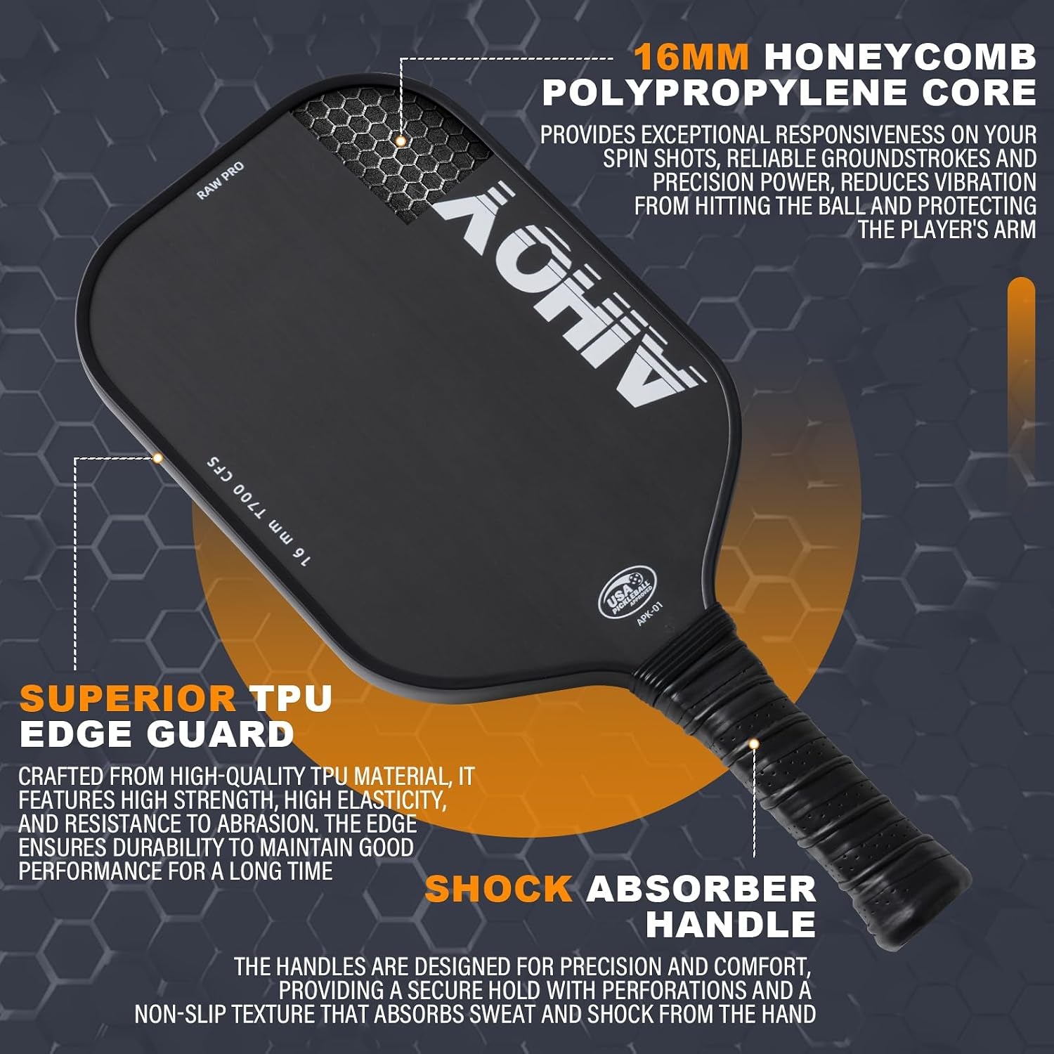 PRO Pickleball Paddles- Raw T700 Carbon Fiber Textured Surface (CFS) with High Grit & Spin, Pickleball Paddles with 16MM Polypropylene Honeycomb Core, USAPA Approved