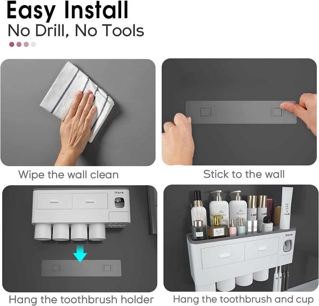 Toothbrush Holders for Bathrooms, 4 Cups Toothbrush Holder Wall Mounted with Toothpaste Dispenser - Large Capacity Tray, 2 Cosmetic Drawer - Bathroom Organizer & Bathroom Accessories Set