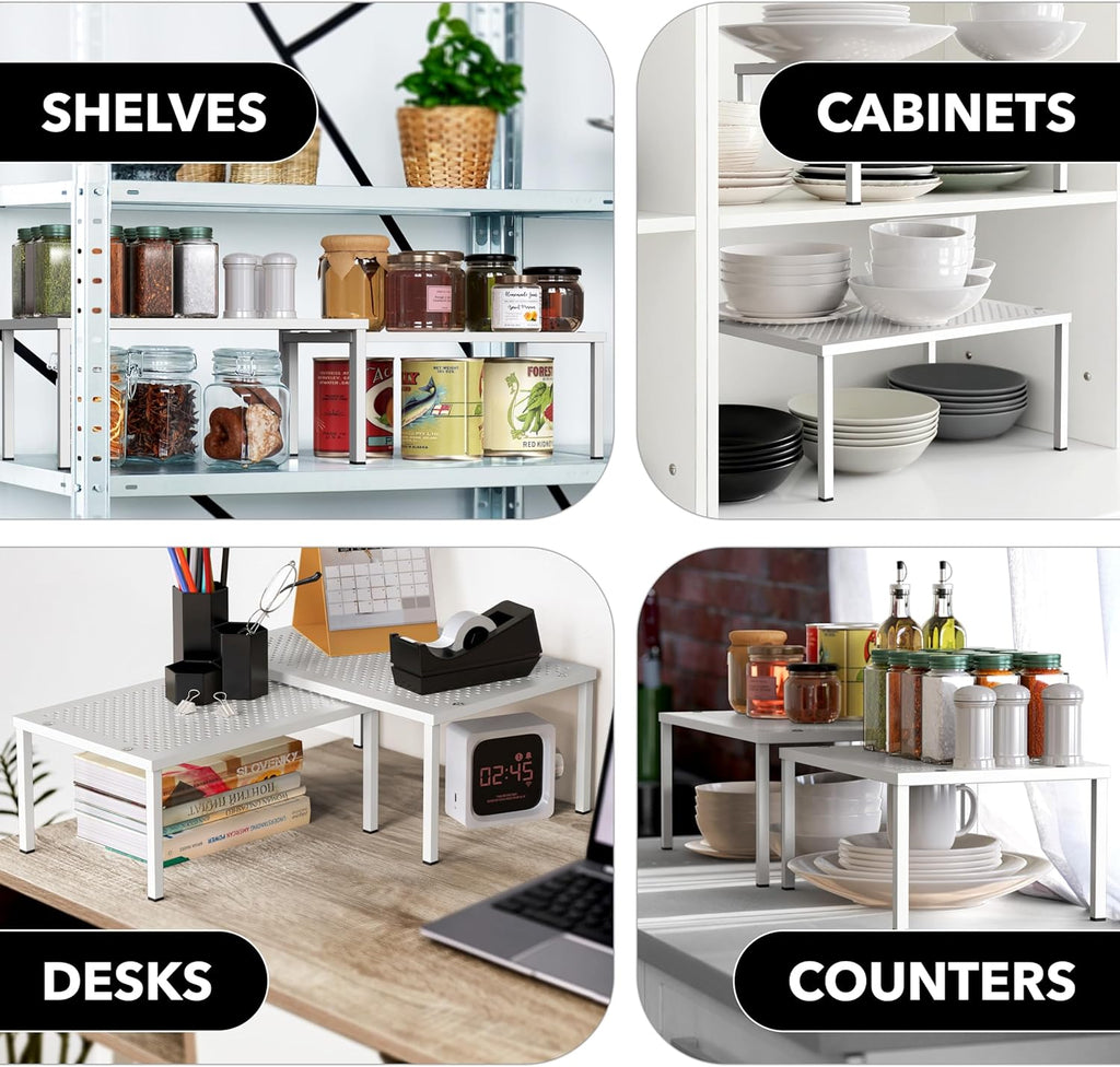 Expandable Stackable Kitchen Counter Shelf Organizer, White, Metal Top, 11.25"L X 7.9"W X 5.4"H