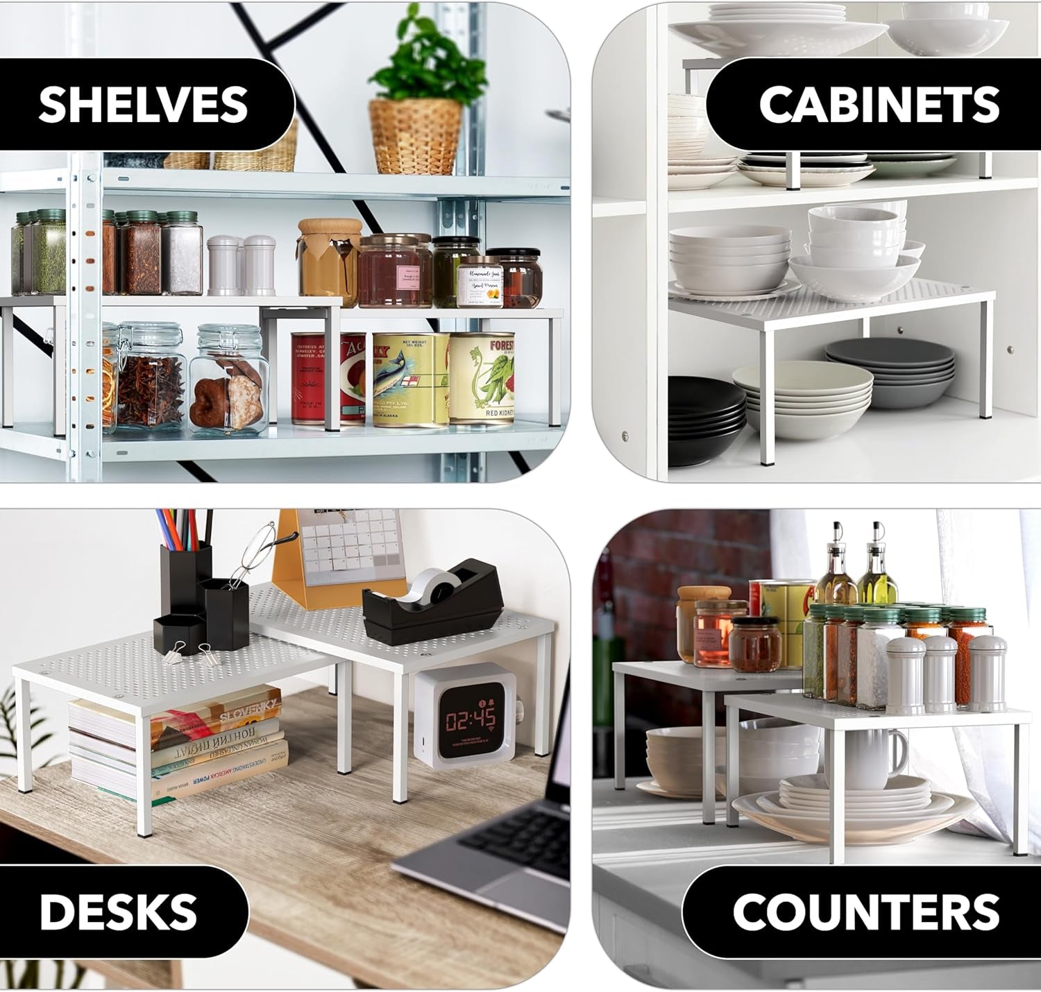 Expandable Stackable Kitchen Counter Shelf Organizer, White, Metal Top, 11.25"L X 7.9"W X 5.4"H