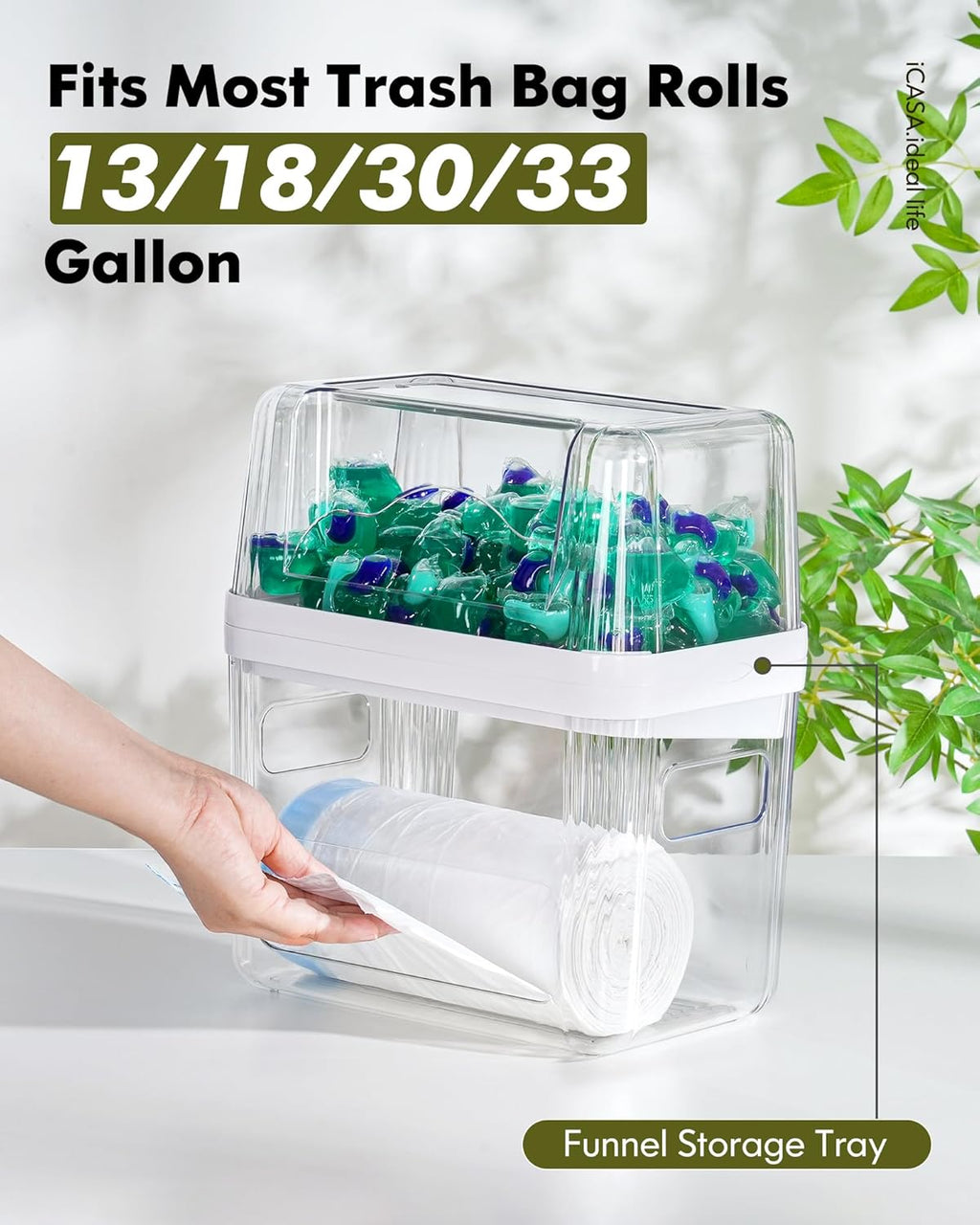 Trash Bag and Dishwasher Pod Dispenser - 3 in 1 Clear Storage Bins Holder for 13/30/33 Gallon Garbage Bags, Laundry Detergent Pods & Tabs, under Sink Organizer for Kitchen and Laundry Room