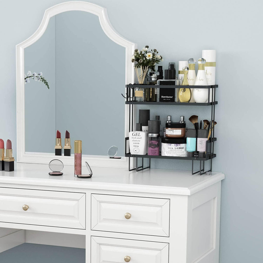 2-Tier over Toilet Storage Shelf, Wall-Mount with 2 Hook/Paper Rack | Bathroom Organizers and Storage Cabinet, Behind/Above/On/Top/Back Tank Shelves, Decor for Bathroom/Restroom/Kitchen/Bedroom