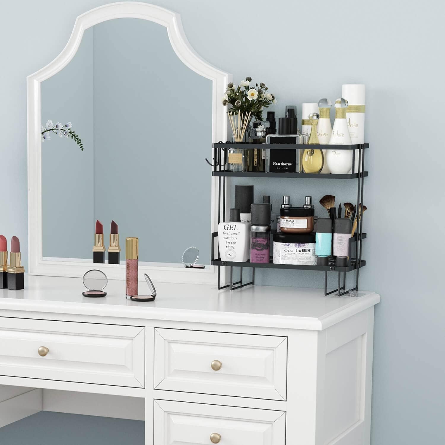 2-Tier over Toilet Storage Shelf, Wall-Mount with 2 Hook/Paper Rack | Bathroom Organizers and Storage Cabinet, Behind/Above/On/Top/Back Tank Shelves, Decor for Bathroom/Restroom/Kitchen/Bedroom