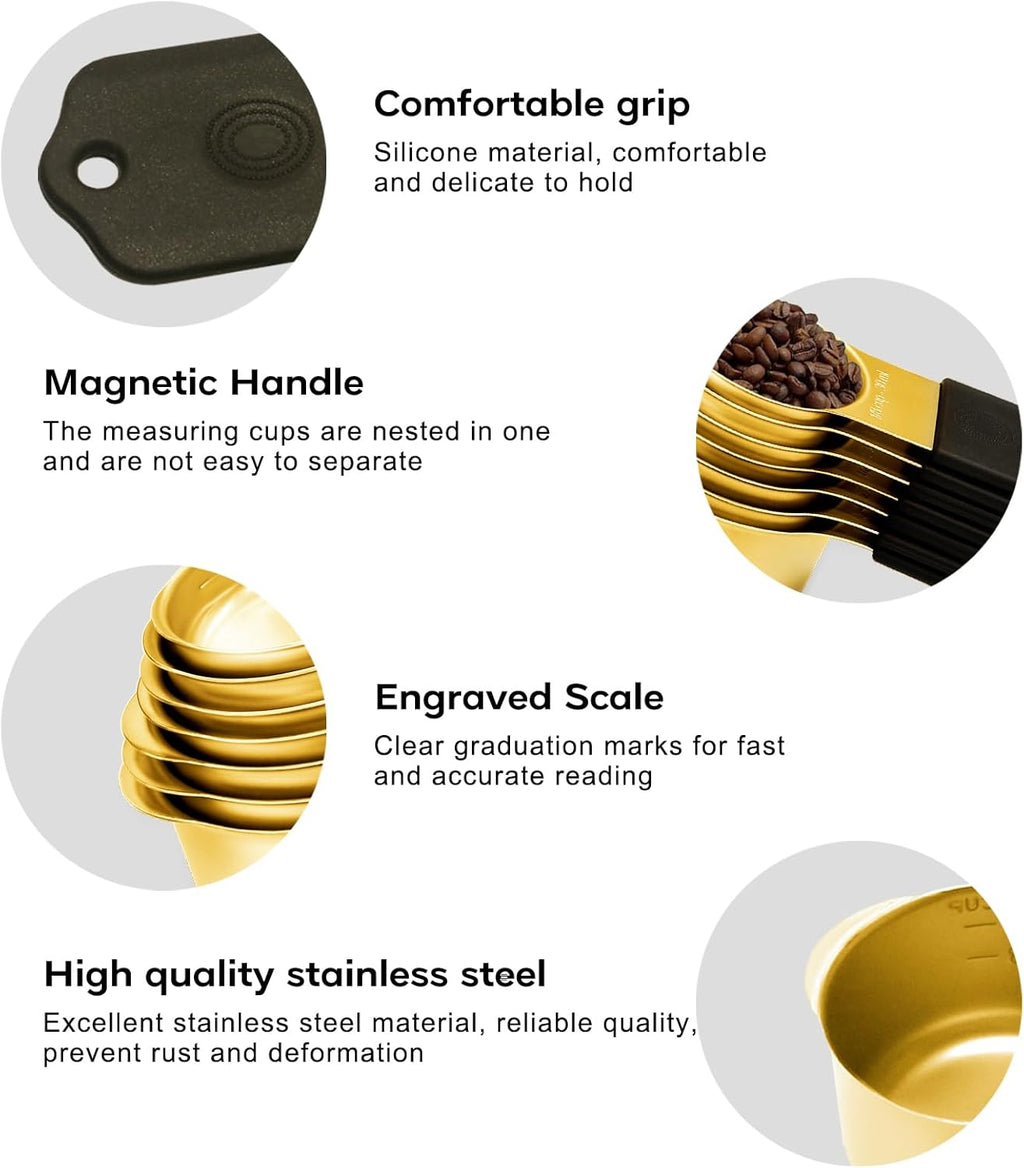 Magnetic Measuring Cups and Spoons Set, Including 7 Stainless Steel Nesting Gold Measuring Cups & 8 Magnetic Gold Measuring Spoons with 1 Leveler for Cooking & Baking