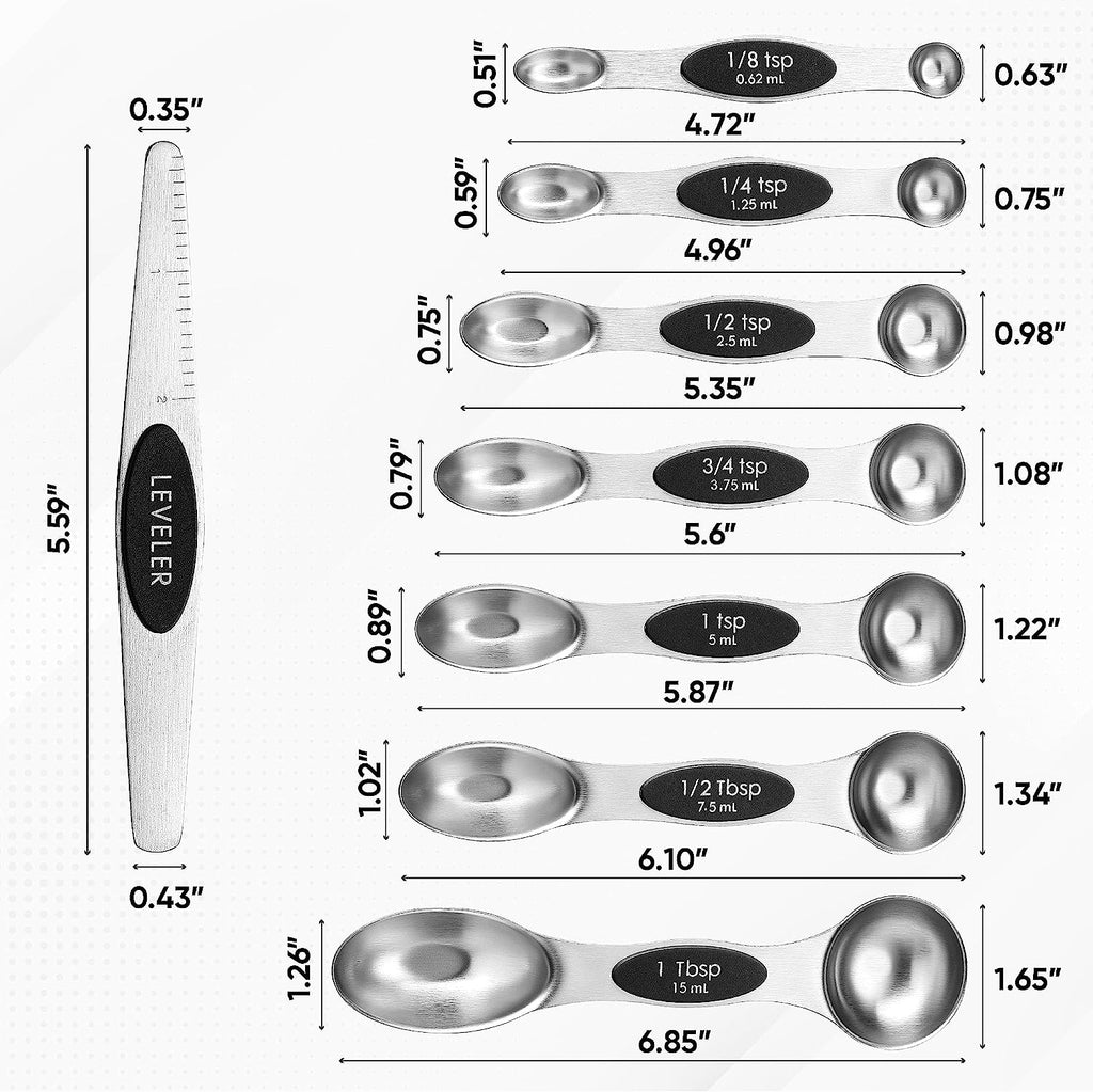 Stainless Steel Magnetic Measuring Spoons Set with Strong N45 Magnets, Heavy Duty Metal Kitchen Gadgets for Baking & Cooking, Fits in Most Kitchen Spice Jars, Set of 8 with Leveler, Black