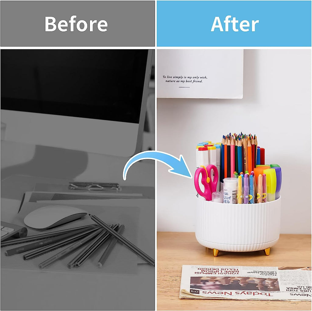 Desk Organizer, 360-Degree Rotating Pen Holder, Desk Organizers and Accessories with 5 Compartments Pencil Holder, Art Supply Storage Box Caddy for Office, Home（White）