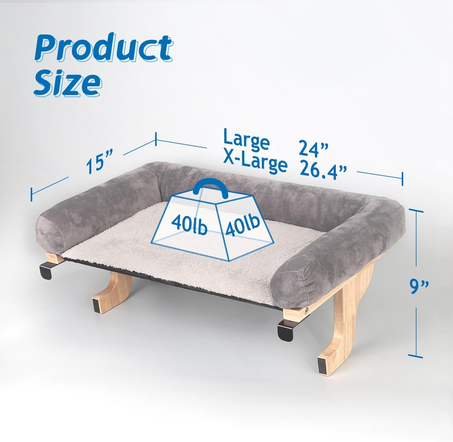 Cat Perch for Window Sill with Bolster - Orthopedic Hammock Design with Premium Hardwood & Robust Metal Frame - Cat Window Seat for Large Cats and Kittens - Natural Color Wood Gray Bed, 24''W