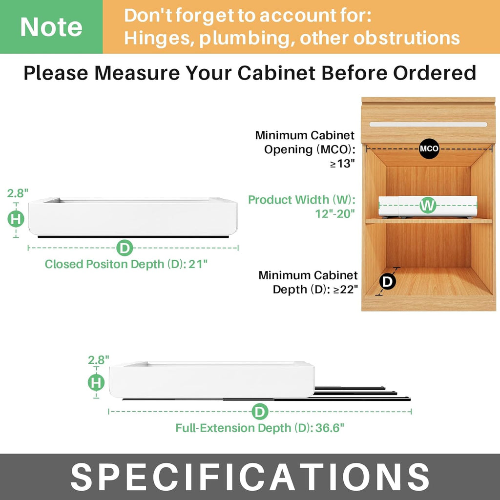 Pull Out Cabinet Organizer, Expandable(12"-20") Heavy Duty Slide Out Drawers Fixed with Adhesive Nano Film for Pots, Roll Out Shelf Storage for Kitchen Base Cabinet Organization(White)