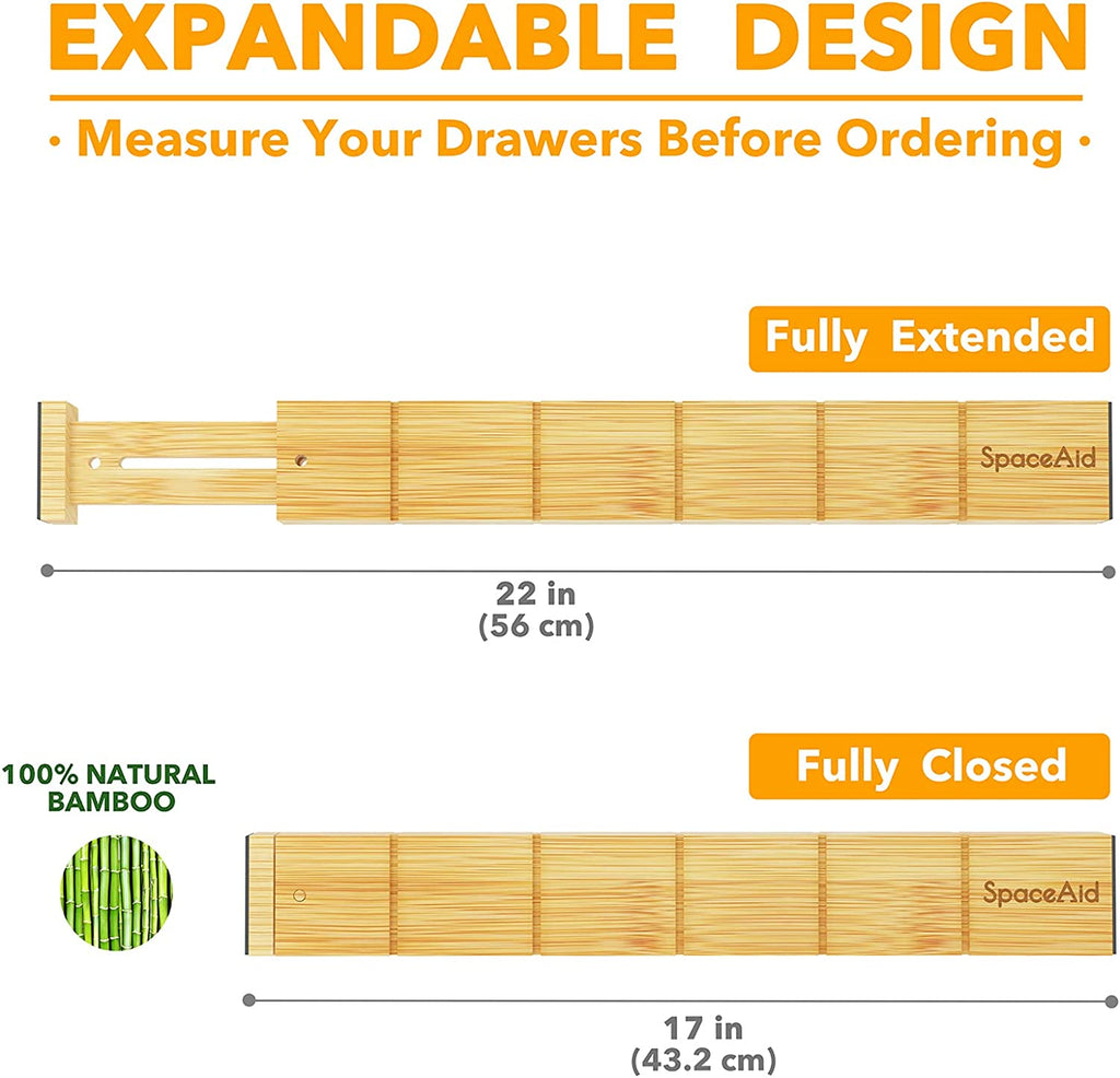 Bamboo Drawer Dividers with Inserts and Labels, Kitchen Adjustable Drawer Organizers, Expandable Organization for Home, Office, Dressers, 4 Dividers with 9 Inserts (17"-22" Natural)