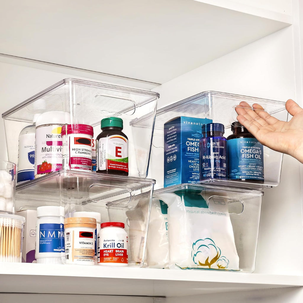 6 Pack Clear Stackable Storage Bins with Lids, Large Plastic Containers with Handle for Pantry Organizer and Storage,Perfect for Bathroom,Cabinet,Kitchen,Fridge,Closet Organization
