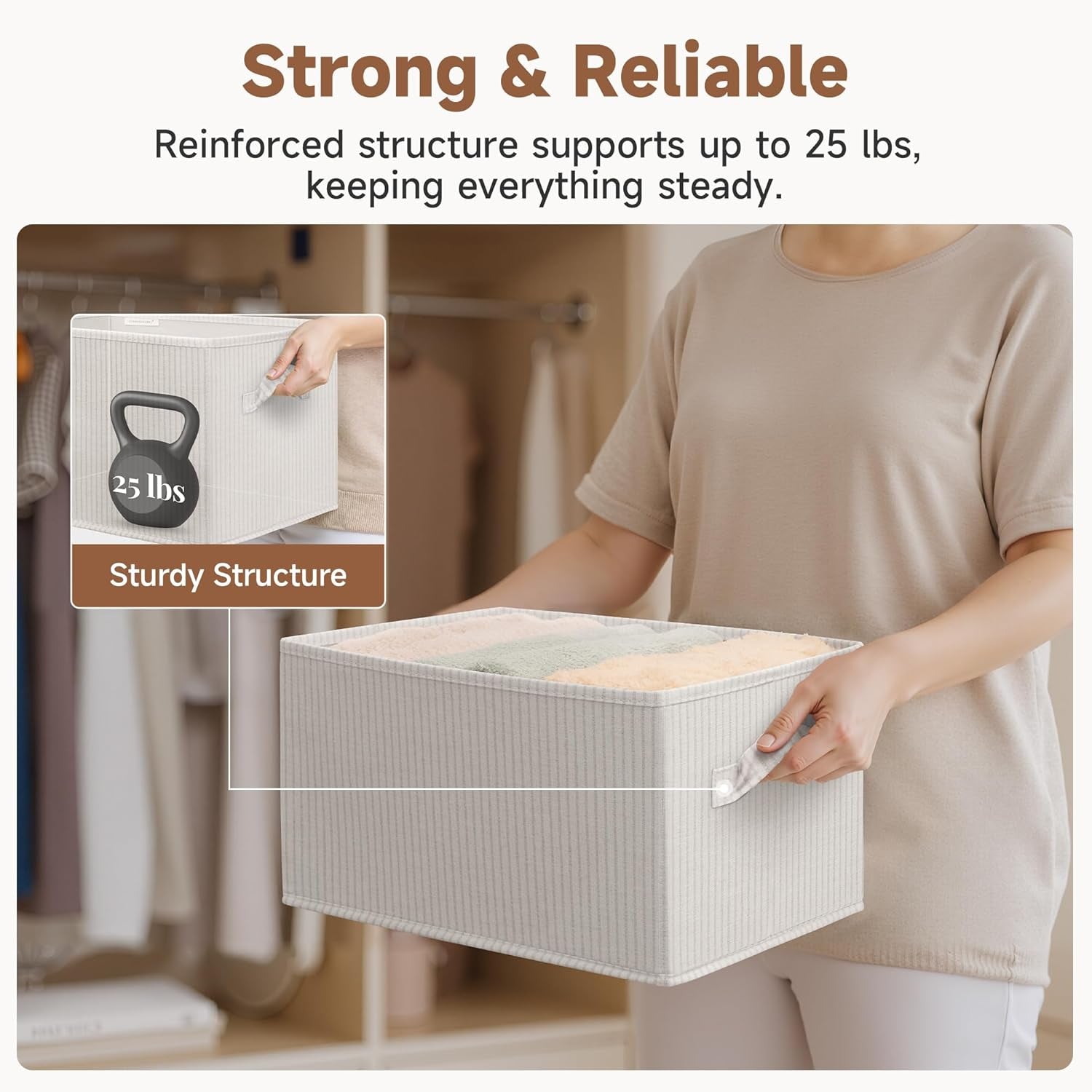 Foldable Shelf Organizer Bins, Closet Storage Baskets for Clothes, Fabric Storage Bins for Shelves, Beige Stripes, 3-Pack, Large