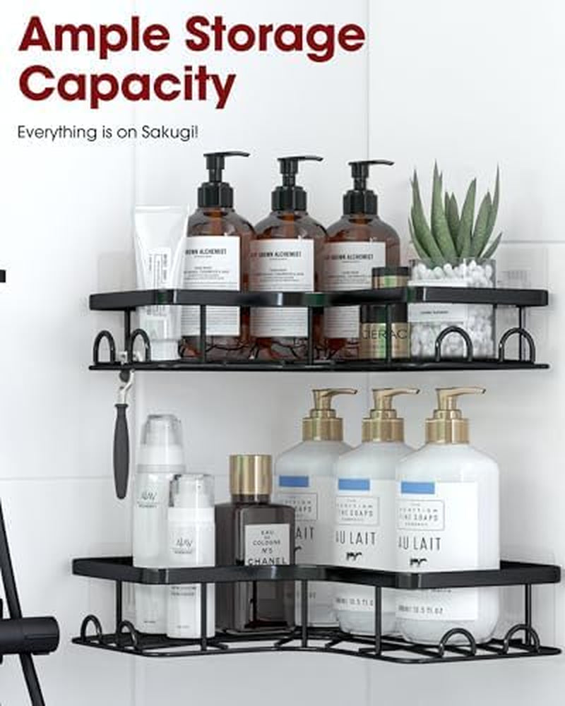Corner Shower Caddy - 2 Pack, Adhesive Shower Organizers, Rustproof Stainless Steel Shower Shelves with 8 Hooks, No Drilling Bathroom Organizers and Storage Racks, Space-Saving, Black, Medium