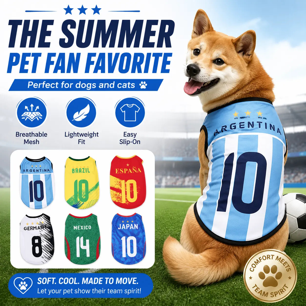 Pet Soccer Jersey Vest for Dogs & Cats, Lightweight Breathable Summer Pet Shirt, Team-Inspired Sleeveless Dog Clothes for Small Medium Pets