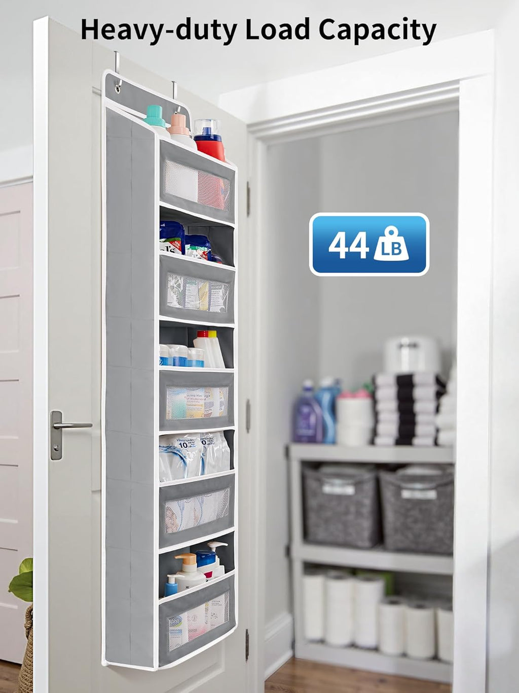 over the Door Organizer Storage, 5 Shelf Hanging Door Organizer with 5 Large Capacity Pockets, anti Tilt 44 Lb Load behind Door Storage for Bedroom, Bathroom, Pantry, Nursery, (Grey)