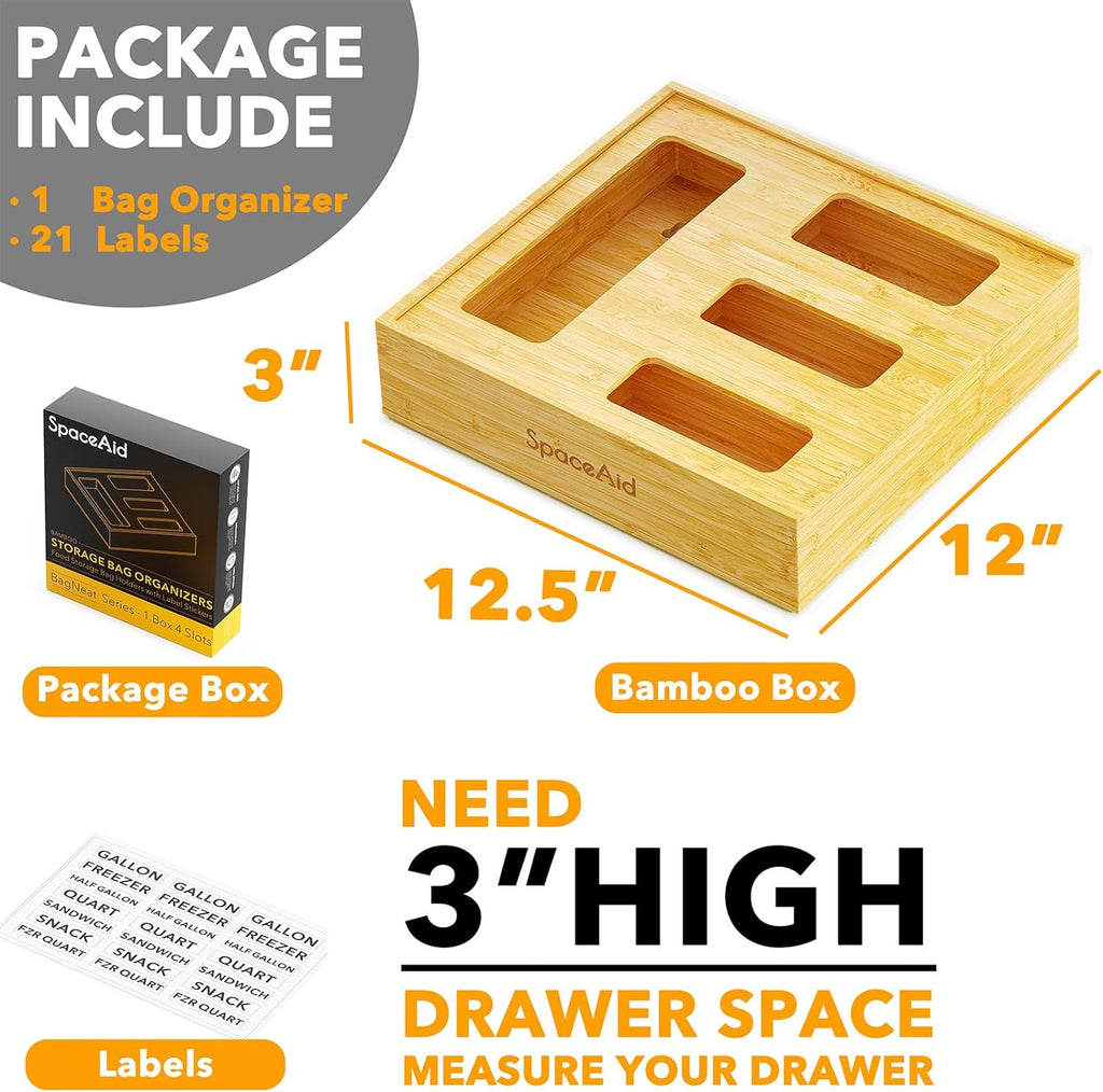 Bag Storage Organizer for Kitchen Drawer, Bamboo Organizer, Compatible with Gallon, Quart, Sandwich and Snack Variety Size Bag (1 Box 4 Slots)