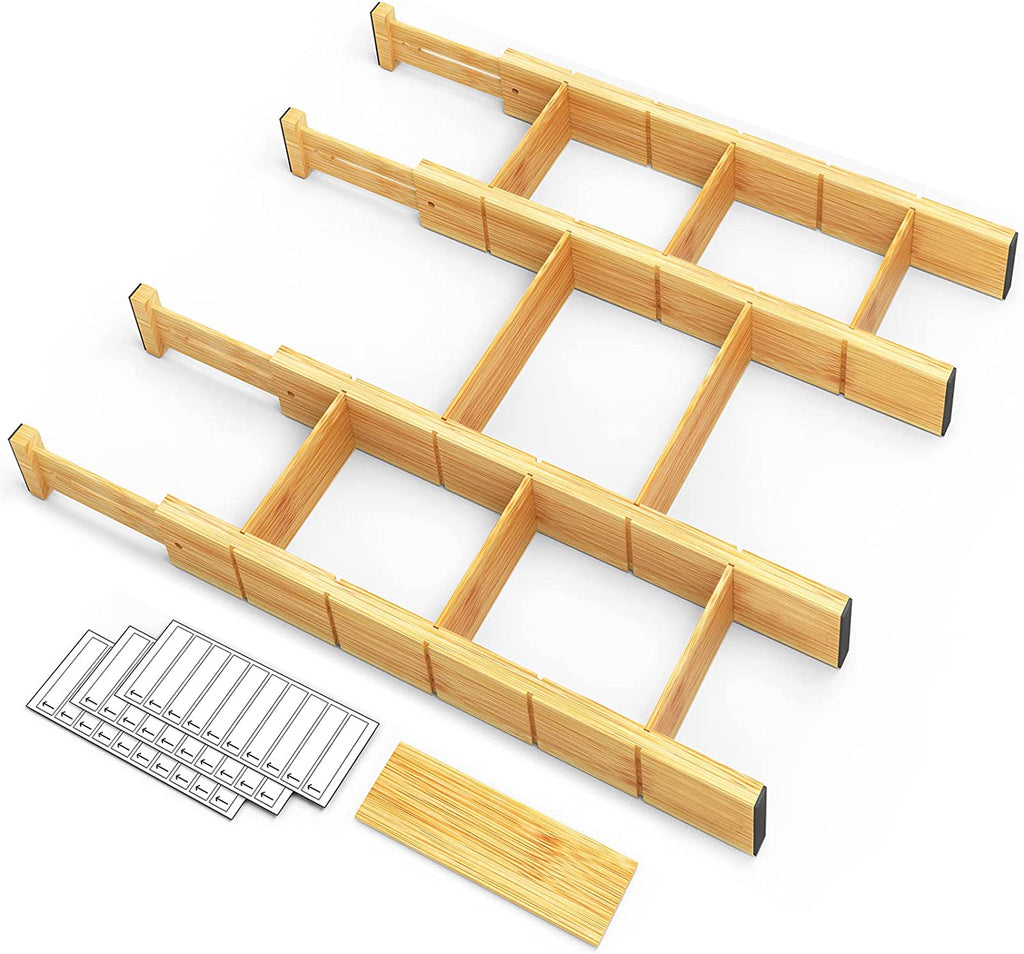 Bamboo Drawer Dividers with Inserts and Labels, Kitchen Adjustable Drawer Organizers, Expandable Organization for Home, Office, Dressers, 4 Dividers with 9 Inserts (17"-22" Natural)