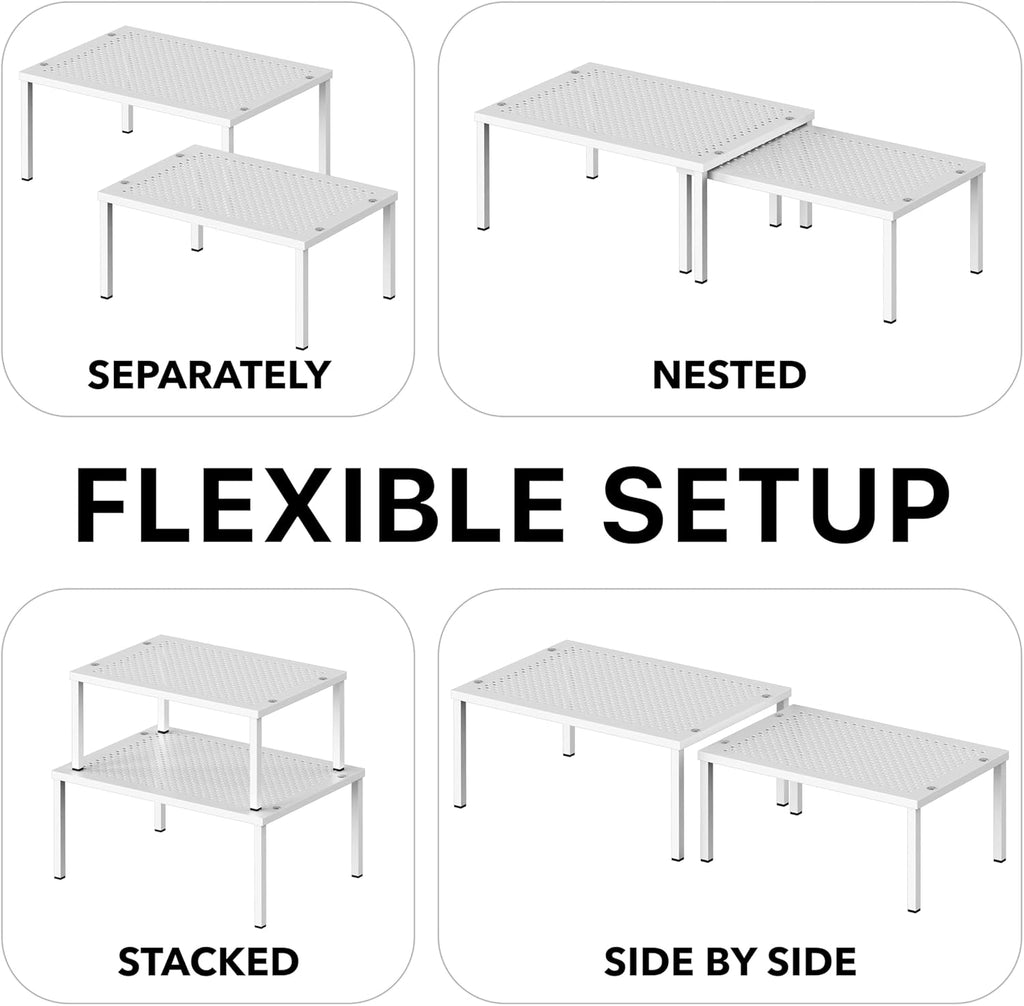 Expandable Stackable Kitchen Counter Shelf Organizer, White, Metal Top, 11.25"L X 7.9"W X 5.4"H