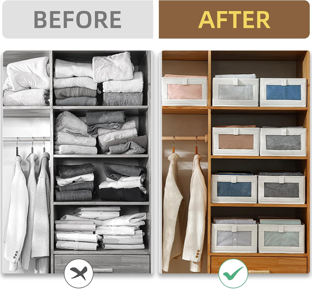Linen Closet Organizers and Storage, 4 Pack Storage Bins Baskets for Organization Foldable Organizer with Clear Window Organizing Clothing, Jeans, Shelves