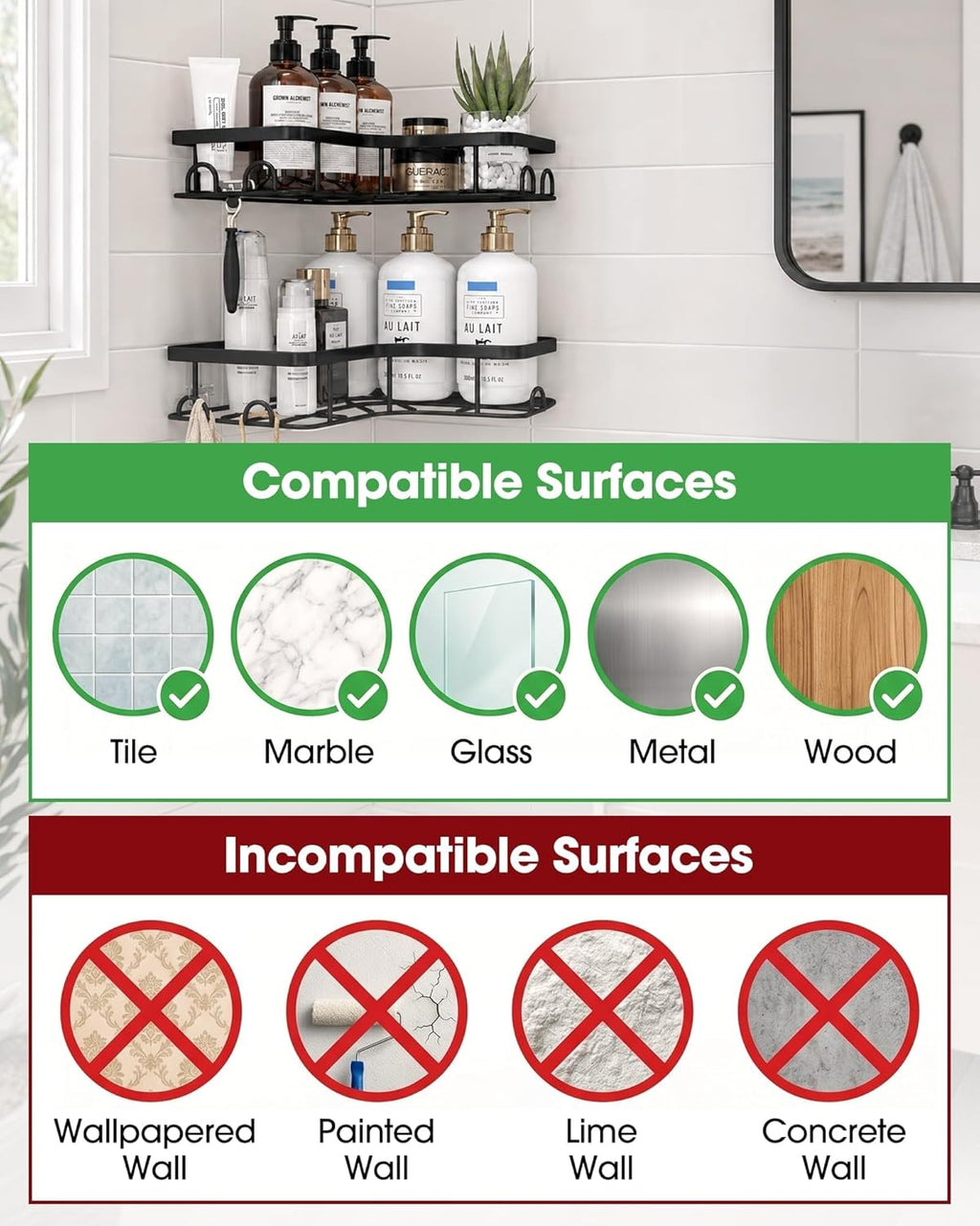 Corner Shower Caddy - 2 Pack, Adhesive Shower Organizers, Rustproof Stainless Steel Shower Shelves with 8 Hooks, No Drilling Bathroom Organizers and Storage Racks, Space-Saving, Black, Medium