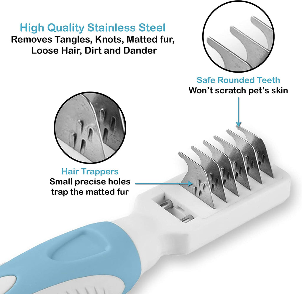 Professional Pet Mat Remover - Dematting Tool for Grooming Cats & Dogs - Removes Matted Fur, Tangles, Knots, Loose Hair & Dirt - Stainless Steel, Gentle Teeth, Soft Comfort Grip Handle,Blue