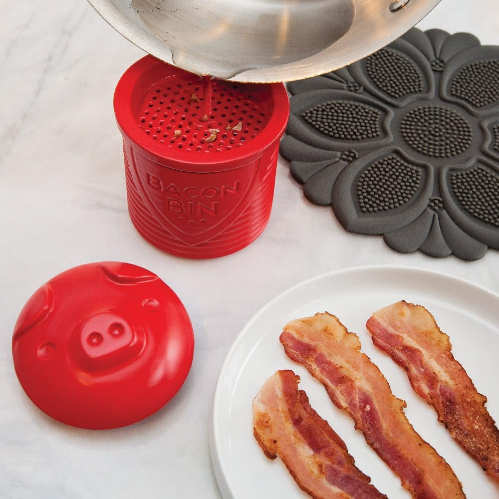 Bacon Bin Grease Strainer & Collector | Family Friendly Kitchen Tools | Fun & Functional Silicone Grease Container | Holds up to 1 Cup | Red