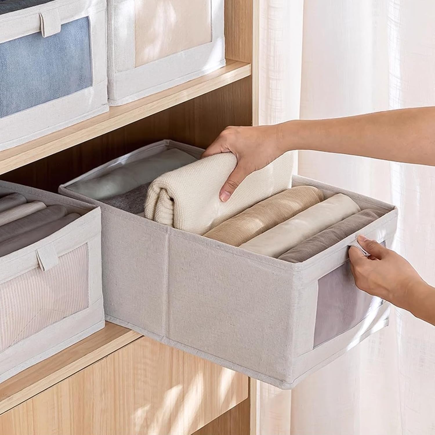 Linen Closet Organizers and Storage, 4 Pack Storage Bins Baskets for Organization Foldable Organizer with Clear Window Organizing Clothing, Jeans, Shelves