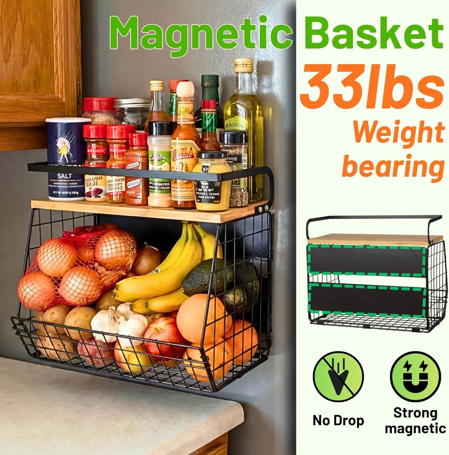 Magnetic Shelf for Fridge with Wood Lid, Fruit Potato and Onion Storage Bins, Pantry Organizers & Storage, Large Container Magnetic Spice Rack for Refrigerator, Kitchen Counter, Cabinet