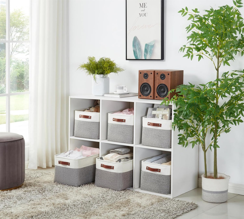 Storage Bins, Large Fabric Storage Baskets for Shelves, Decorative Linen Closet Organizer, 15 X 11 X 9.5 Inches (Grey & White, 3 Pack)