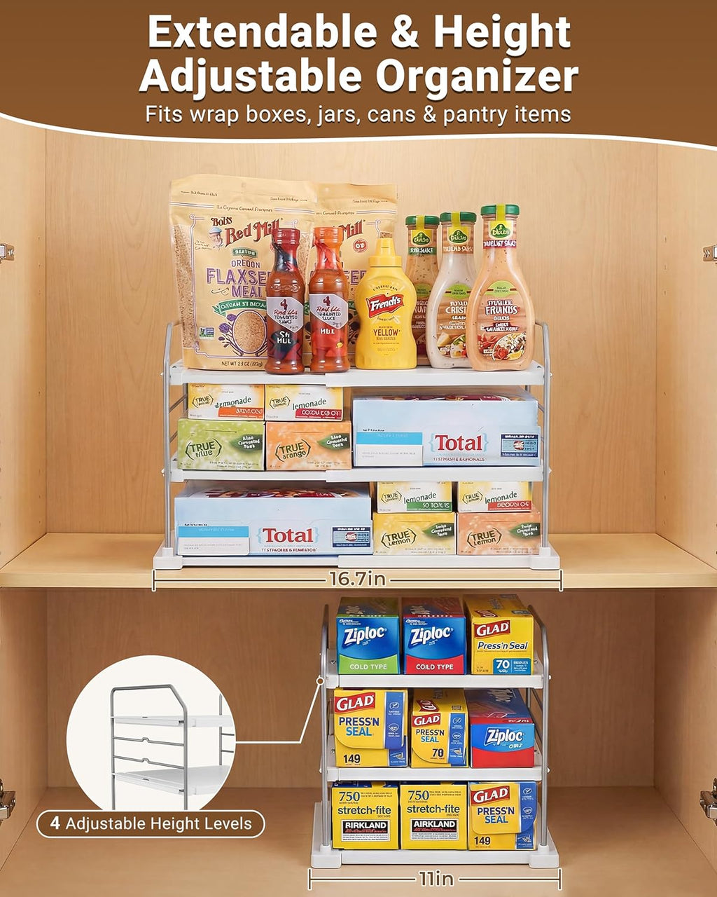 Extendable 3-Tier Kitchen Cabinet & Pantry Organizer for Plastic Wrap, Foil & Storage Bags, Adjustable Heavy Duty Shelf Rack for Wrap Boxes, Jars & Snack Boxes (11–16.7 in Wide), Pack of 1