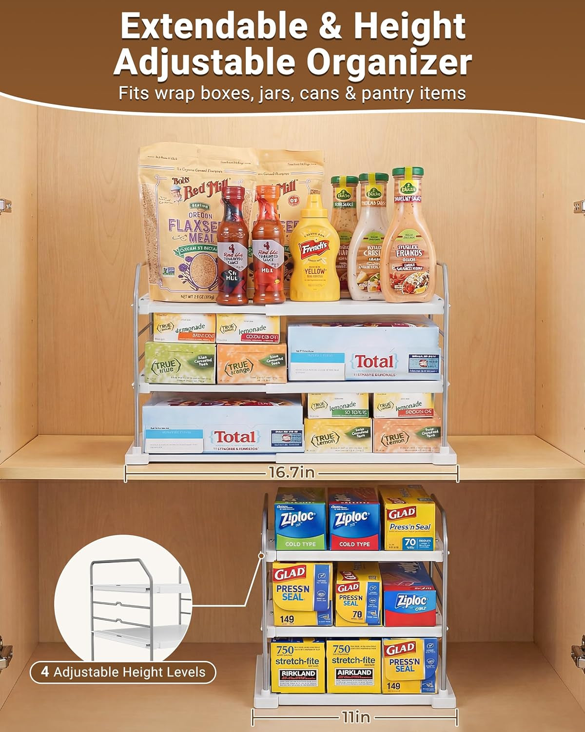Extendable 3-Tier Kitchen Cabinet & Pantry Organizer for Plastic Wrap, Foil & Storage Bags, Adjustable Heavy Duty Shelf Rack for Wrap Boxes, Jars & Snack Boxes (11–16.7 in Wide), Pack of 1