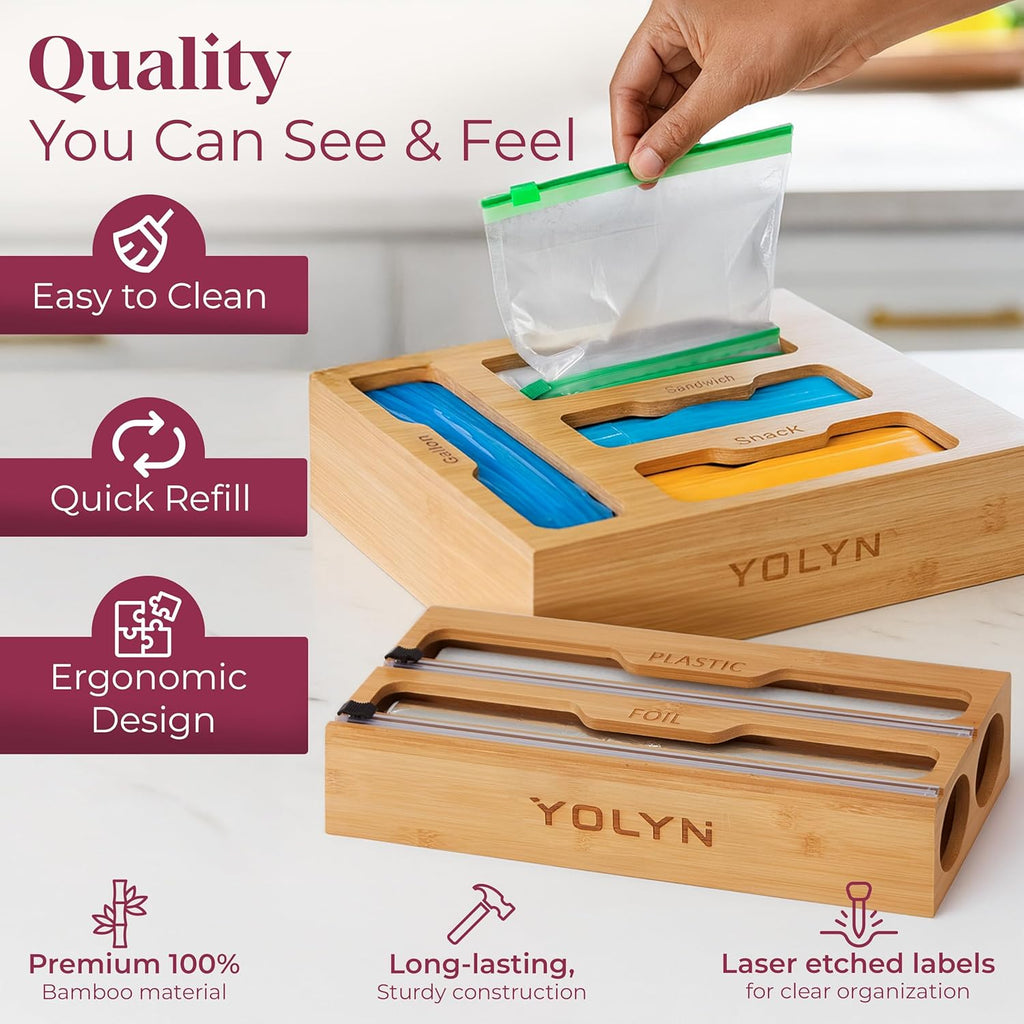 Bamboo Food Storage Bag Organizer for Drawer with Foil & Plastic Wrap Dispenser – 4 in 1 Premium Kitchen Drawer Organizer for Gallon, Quart & Sandwich Bags