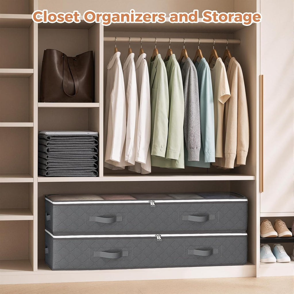90L under Bed Storage Containers, Closet Organizers and Storage Bins, Foldable Underbed Storage Bags for Linen Sheets, Blanket, Clothing, Comforter, Sweaters, Pillows, Wrapping Paper, Grey