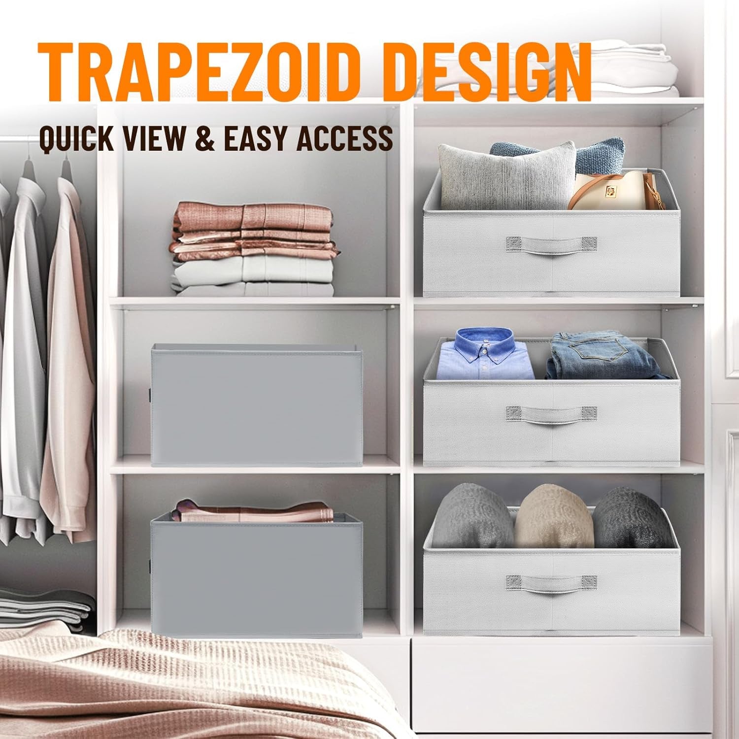 Closet Organizers Bins 4 Pack - Large Collapsible Shelf Organizer with Handles - Fabric Trapezoid Home Organization and Storage Baskets for Organizing Clothes Toy Blanket Towel Purse Hats