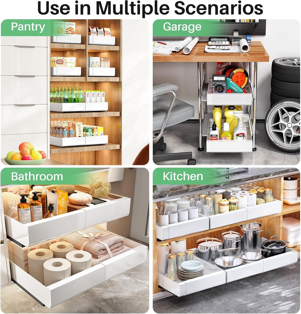 Pull Out Cabinet Organizer, Expandable(12"-20") Heavy Duty Slide Out Drawers Fixed with Adhesive Nano Film for Pots, Roll Out Shelf Storage for Kitchen Base Cabinet Organization(White)