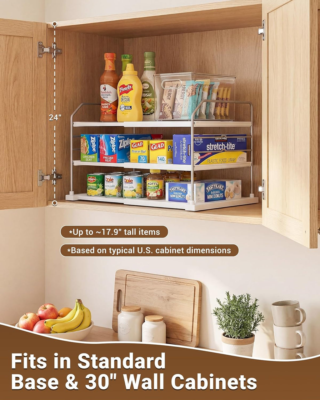 Extendable 3-Tier Kitchen Cabinet & Pantry Organizer for Plastic Wrap, Foil & Storage Bags, Adjustable Heavy Duty Shelf Rack for Wrap Boxes, Jars & Snack Boxes (11–16.7 in Wide), Pack of 1
