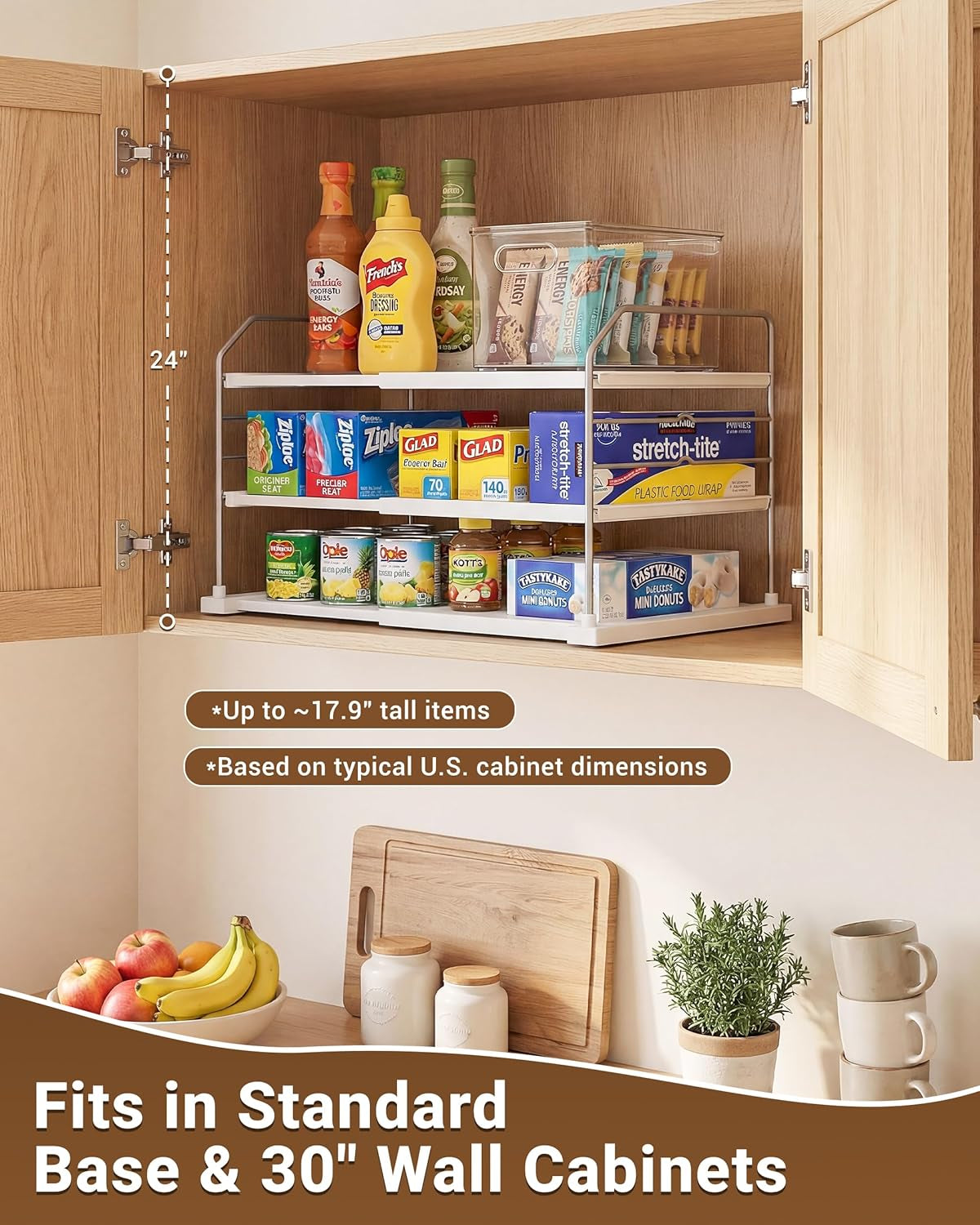 Extendable 3-Tier Kitchen Cabinet & Pantry Organizer for Plastic Wrap, Foil & Storage Bags, Adjustable Heavy Duty Shelf Rack for Wrap Boxes, Jars & Snack Boxes (11–16.7 in Wide), Pack of 1