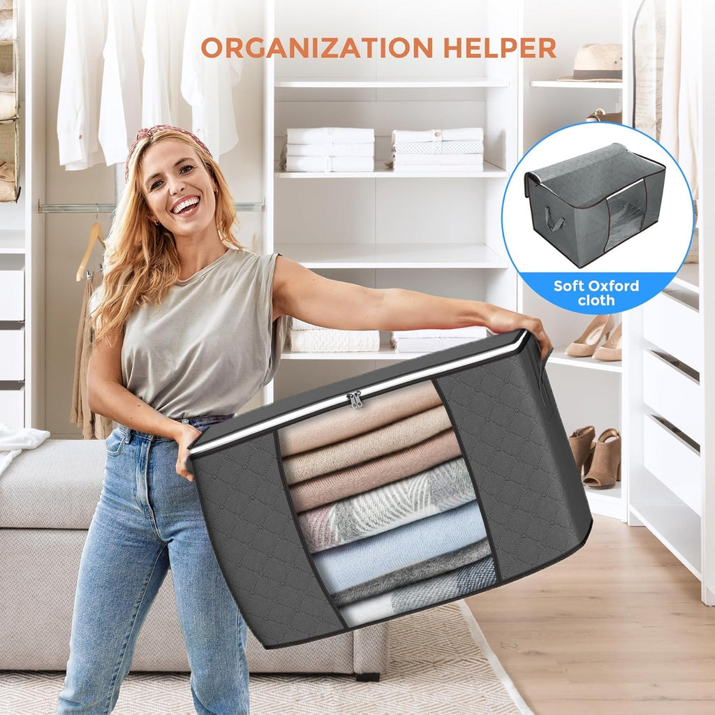 90L Large Storage Bags, 6 Pack Clothes Storage Bins Foldable Closet Organizers Storage Containers with Reinforced Handle for Clothing, Blanket, Comforters, Bed Sheets, Pillows and Toys (Gray)