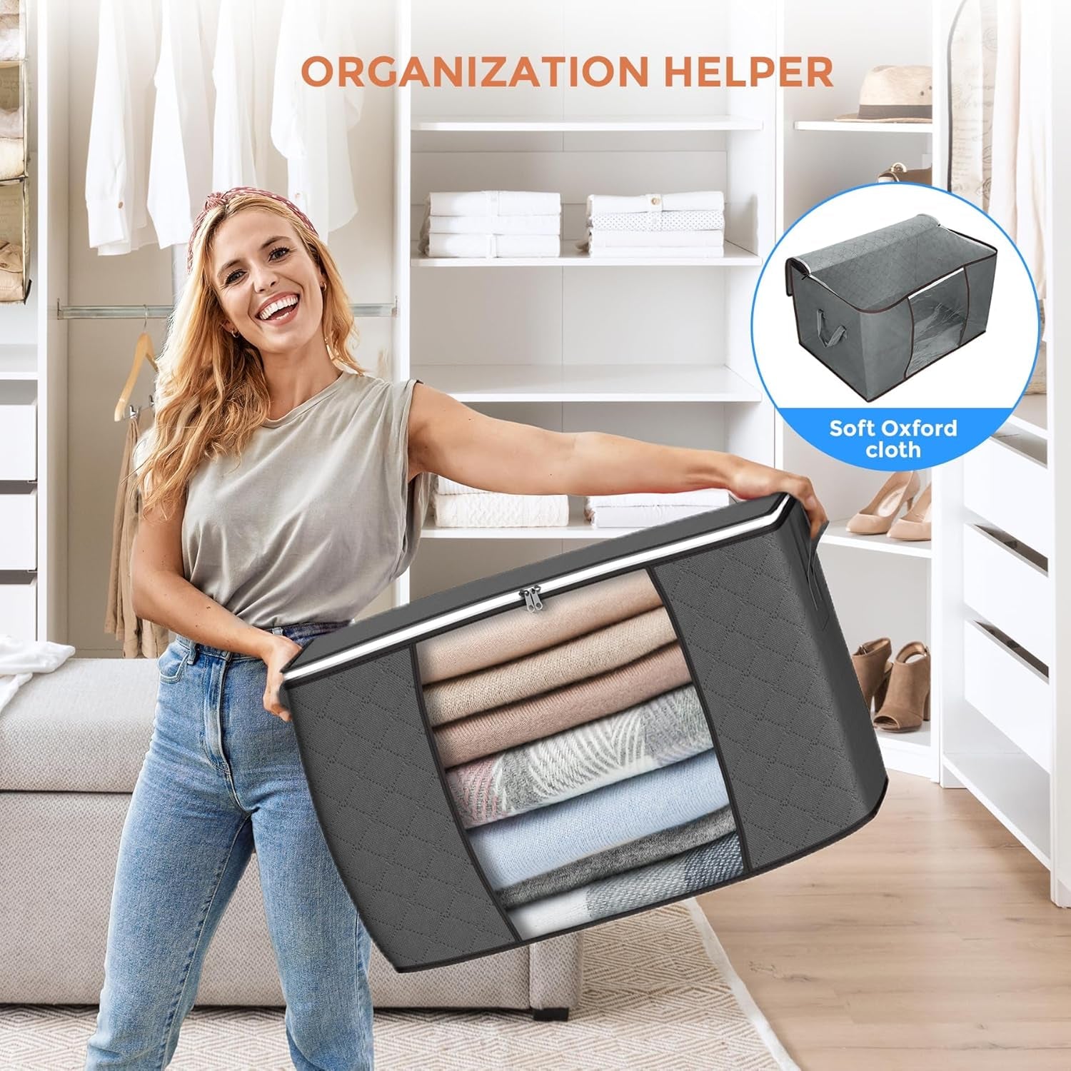90L Large Storage Bags, 6 Pack Clothes Storage Bins Foldable Closet Organizers Storage Containers with Reinforced Handle for Clothing, Blanket, Comforters, Bed Sheets, Pillows and Toys (Gray)