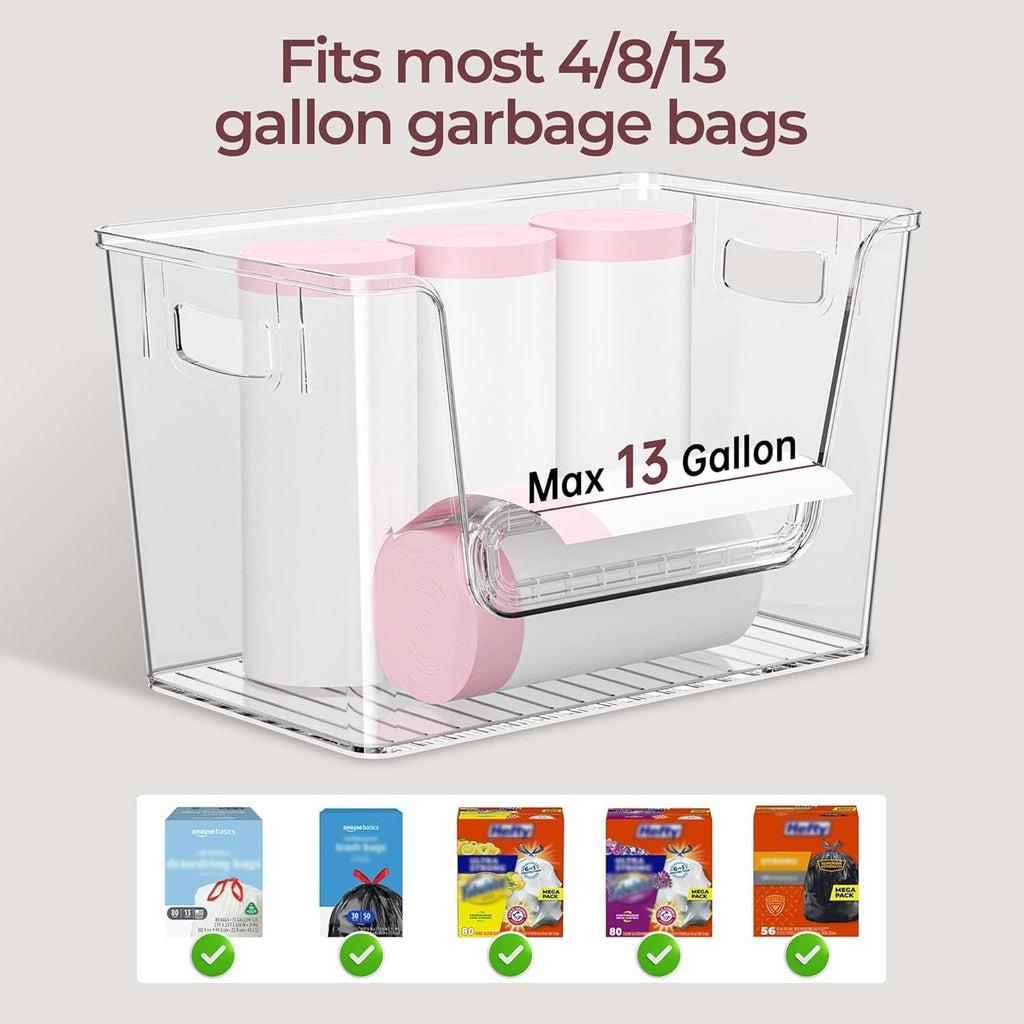2 Set Pantry Organizers and Storage, Trash Bag Holder under Sink Organizer for 4-13 Gal Bags, Trash Bag Dispenser with Bamboo Top for Onion, Potato, Garlic, Clear (11-7/32"L*7" W*7-1/8"H)