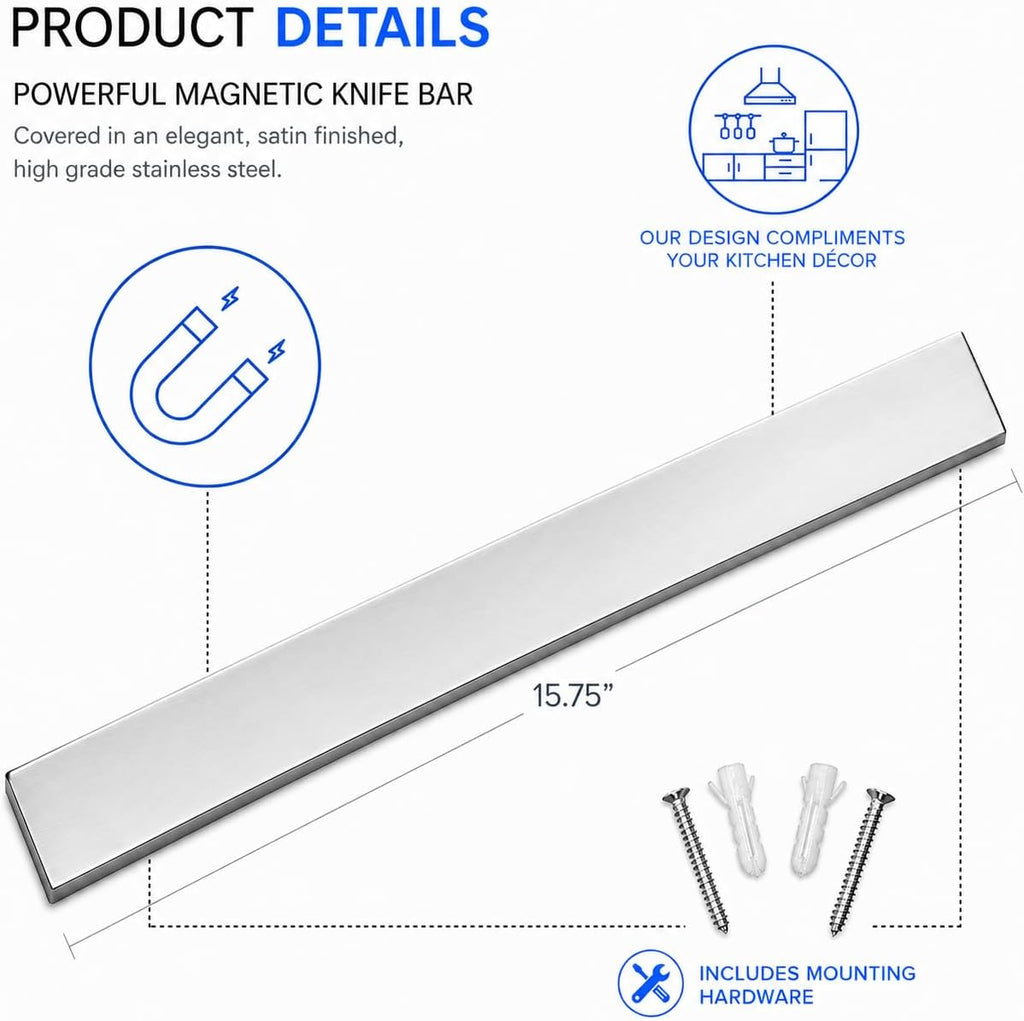 16 Inch Stainless Steel Magnetic Knife Bar with Multi-Purpose Functionality as a Knife Holder, Knife Strip, Magnetic Tool Organizer, Art Supply Organizer & Home Organizer