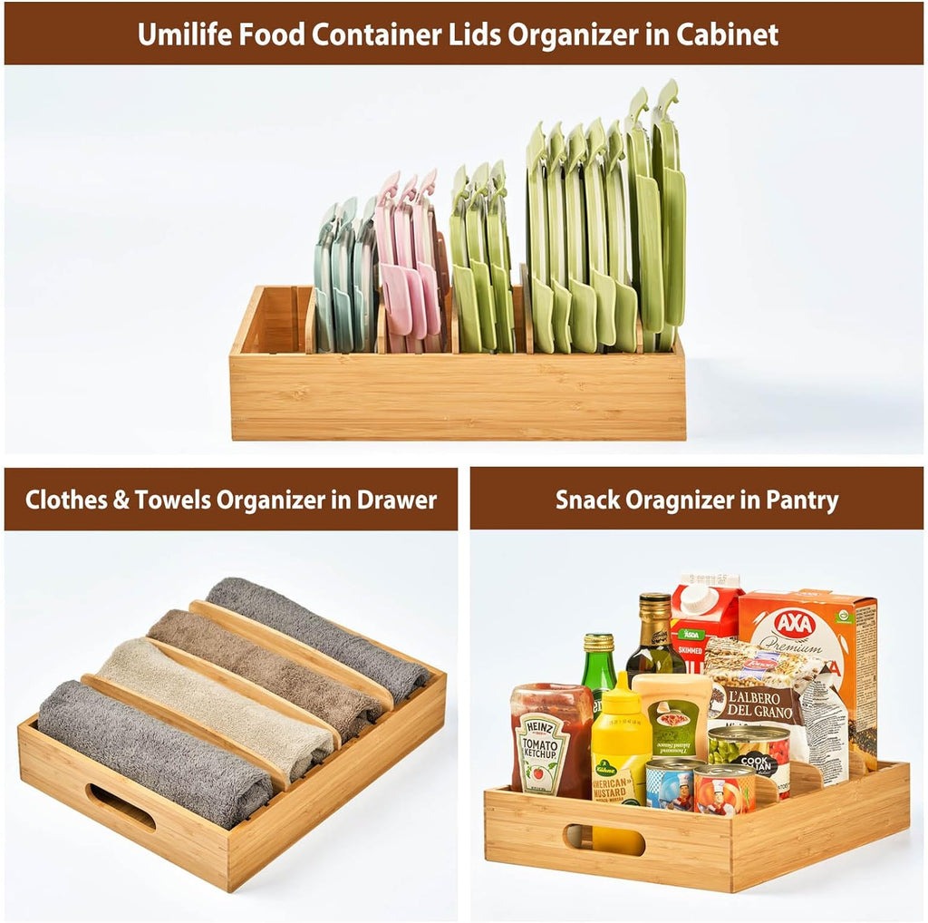 Large Bamboo Food Container Lid Organizer for Kitchen Cabinet | Adjustable Slots - Premium Bamboo, Pretty Color - Sturdy Versatile Caddy for Snack, Spice in Drawer - Anti-Skid Silicone Pads