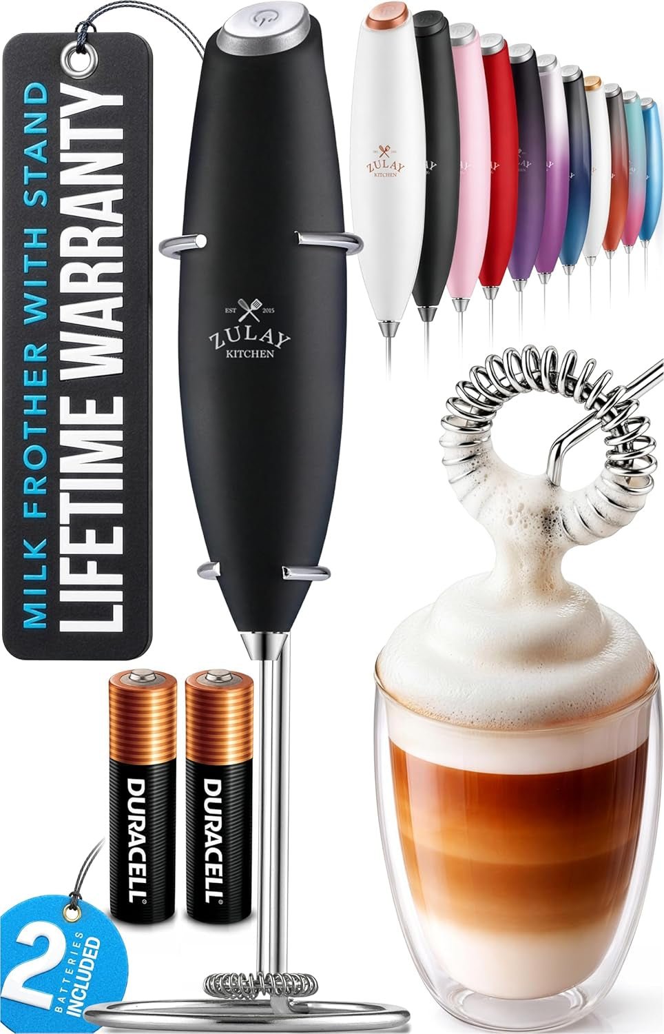 Powerful Milk Frother Wand with Duracell Batteries - Ultra Fast Handheld Drink Mixer - Electric Whisk Foam Maker for Coffee, Lattes, Cappuccino & Matcha - Z1 Motor - Black