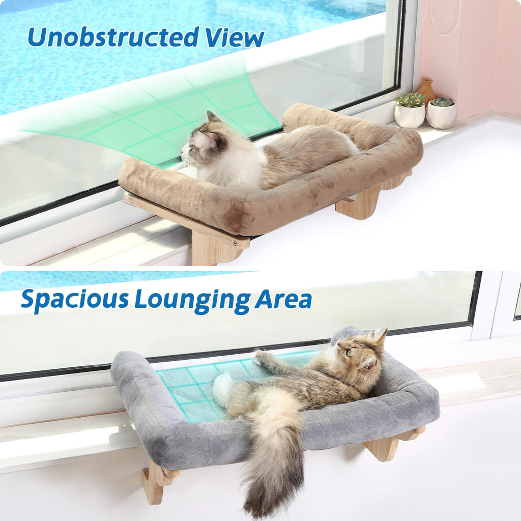 Cat Perch for Window Sill with Bolster - Orthopedic Hammock Design with Premium Hardwood & Robust Metal Frame - Cat Window Seat for Large Cats and Kittens - Natural Color Wood Gray Bed, 24''W