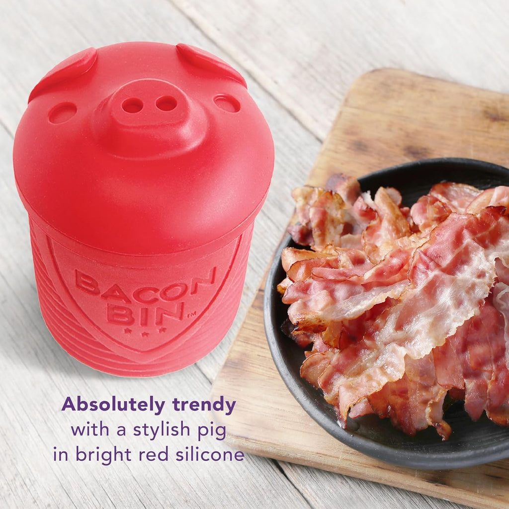 Bacon Bin Grease Strainer & Collector | Family Friendly Kitchen Tools | Fun & Functional Silicone Grease Container | Holds up to 1 Cup | Red