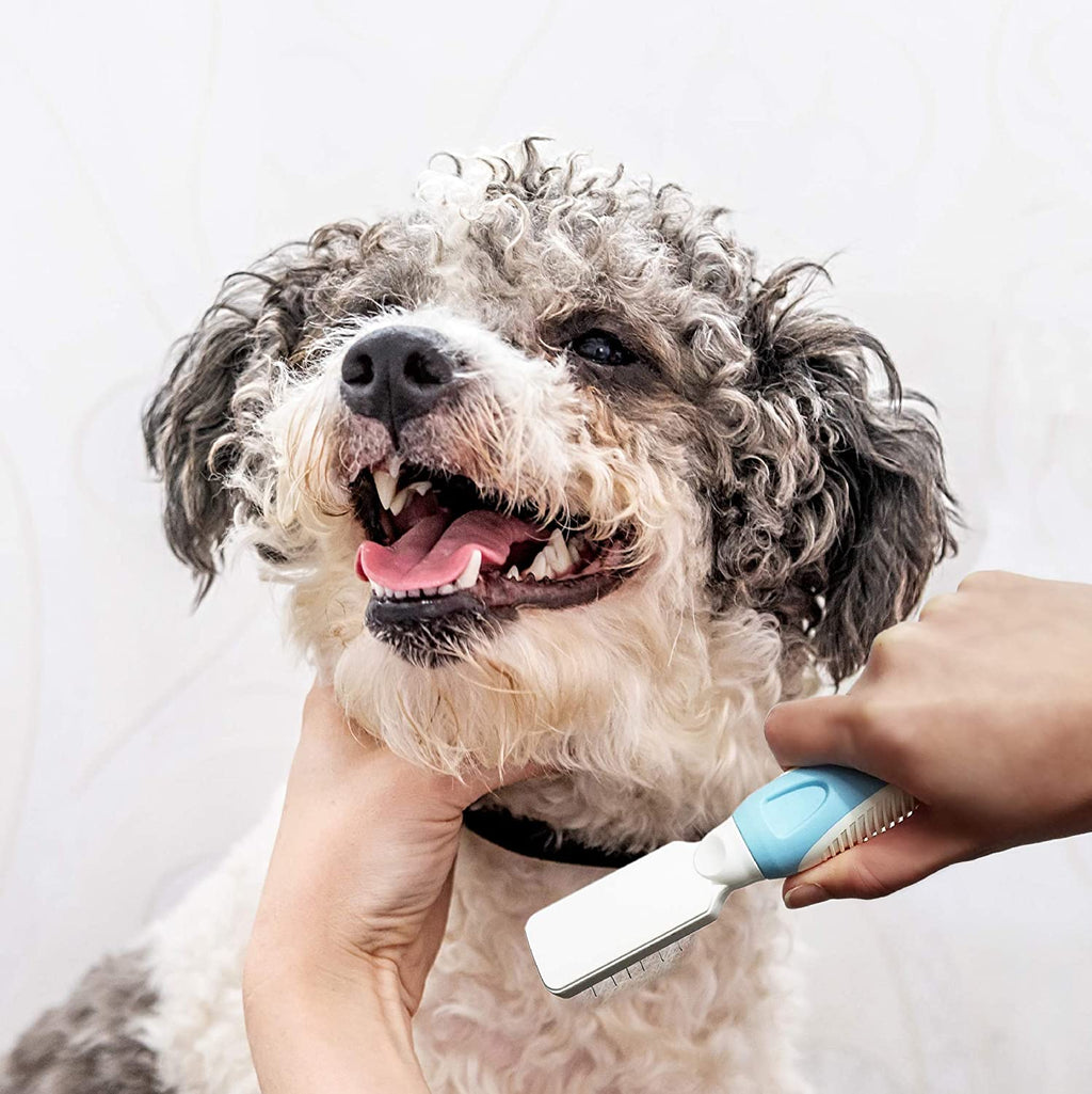 Professional Pet Mat Remover - Dematting Tool for Grooming Cats & Dogs - Removes Matted Fur, Tangles, Knots, Loose Hair & Dirt - Stainless Steel, Gentle Teeth, Soft Comfort Grip Handle,Blue