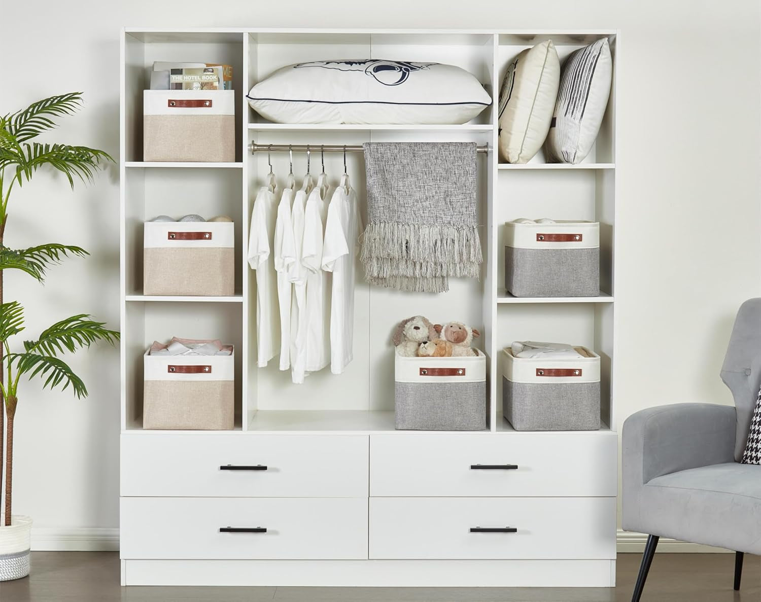 Storage Bins, Large Fabric Storage Baskets for Shelves, Decorative Linen Closet Organizer, 15 X 11 X 9.5 Inches (Grey & White, 3 Pack)
